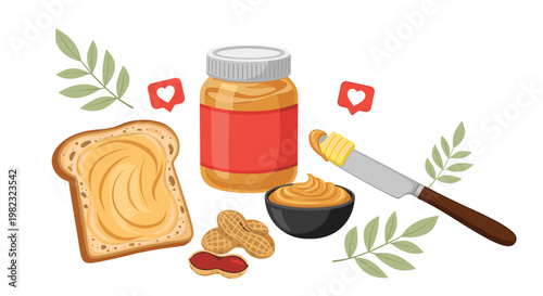 Delicious peanut butter setup includes a full jar, freshly spread toast, whole peanuts, and a butter knife with heart social icons.