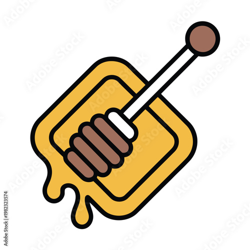 Honey dipper drizzling liquid gold honey onto a square base creates a sweet food concept.