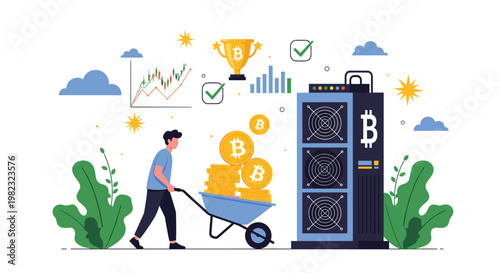 Crypto enthusiast pushes a wheelbarrow filled with bitcoin coins past a powerful mining server unit under a rising market chart.