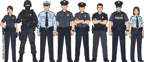 Police officers team in different uniforms, law enforcement professionals collection, security service characters, public safety vector illustration set