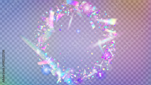 Disco Tinsel. Purple Carnaval Glitter And Pink Glitch Confetti. Abstract Birthday Background. Vector Banner Of Iridescent Elements And Firecracker. Blue Disco Tinsel