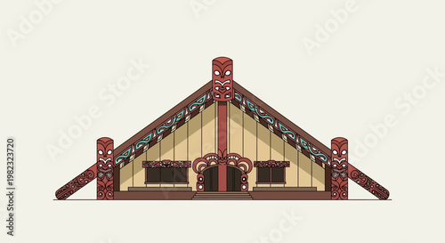 Traditional Maori Meeting House Wharenui Architectural Illustration.