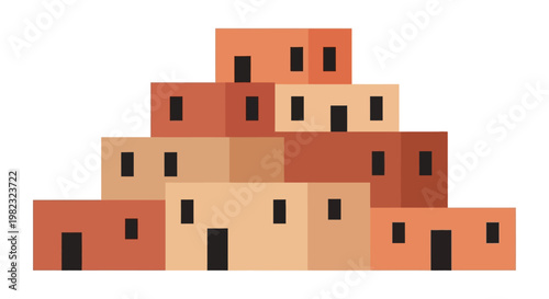 Flat vector illustration of a traditional desert adobe village settlement.