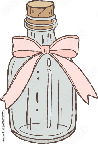 Small glass bottle with a ribbon bow, drawn in a soft doodle style. Transparent decorative container with a delicate, minimal look. Can represent holy water bottle or ceremonial vessel for baptism