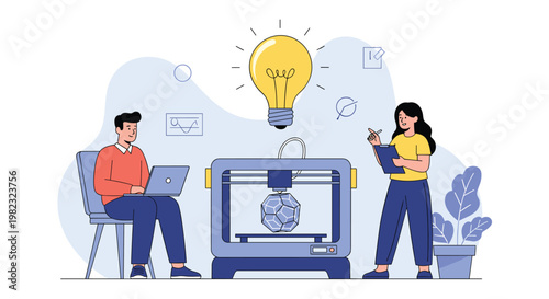 Team of developers uses 3D printing technology to create a complex geometric object under a large shining light bulb icon.