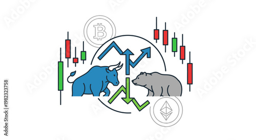 Stock market trading concept illustration with bull and bear symbols