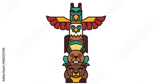 Colorful hand drawn native american wooden totem pole illustration.