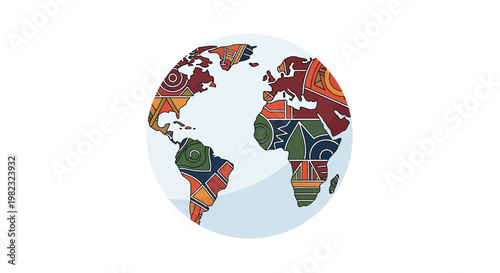 Abstract globe illustration with diverse ethnic patterns representing global unity and multiculturalism.