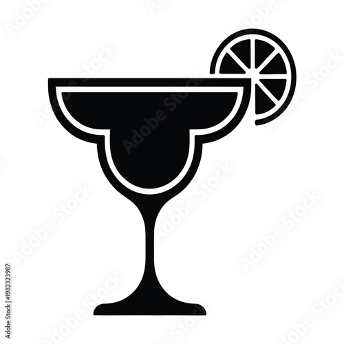 Margarita glass icon features a sleek stem and a citrus garnish slice on a white background.