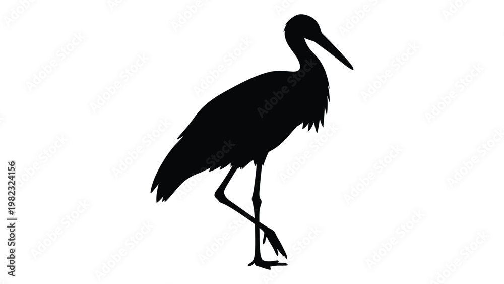 Fototapeta premium Silhouette of a wading bird likely a stork or heron standing on one leg