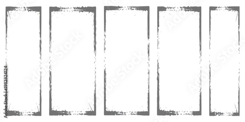 A series of five identical vertical rectangular frames with textured dark grey distressed edges.