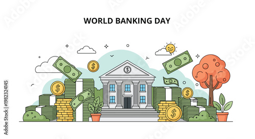 Traditional bank building stands amidst massive piles of banknotes and gold coins for a World Banking Day celebration graphic.