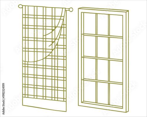 Window frame with curtain vector isolated on white background. Interior decor scene with grid pane and drapery detail for home design. Editable line illustration for architecture, renovation, and CAD 