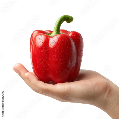 Bright red bell pepper covered in water droplets held in hand, fresh vegetable, healthy food, cooking ingredient.