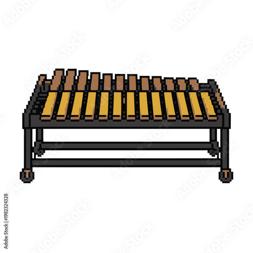 Xylophone percussion instrument with wooden bars stands on a black metallic frame for music.