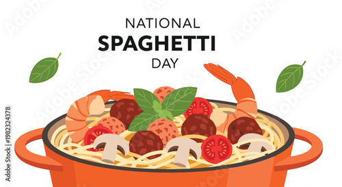 Hearty pot of spaghetti pasta topped with large shrimp, savory meatballs, fresh tomatoes, and mushrooms for National Spaghetti Day.