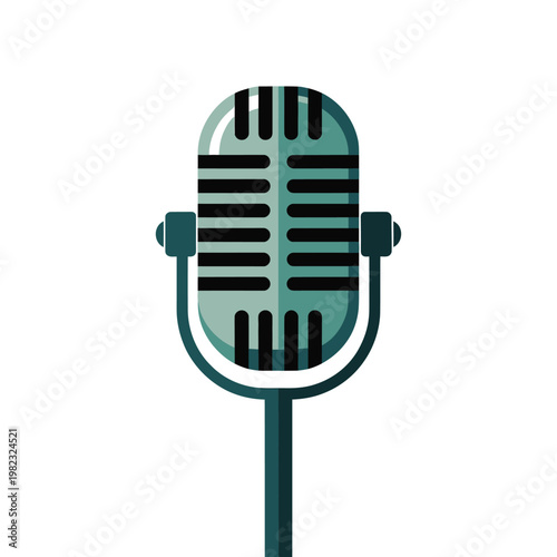 Microphone stands on a sturdy metal mount to capture audio for a professional broadcast event.