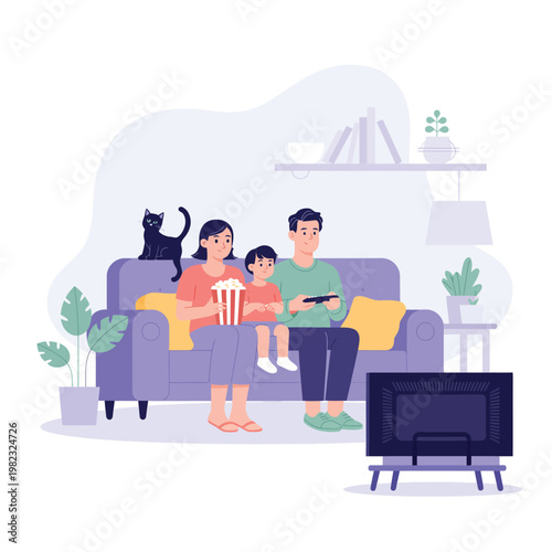 Family watching television together on a comfortable sofa during a relaxing evening at home.
