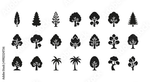 Collection of various tree silhouettes.