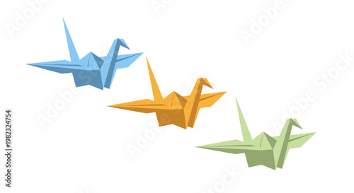Three Colorful Origami Paper Cranes Isolated on White Background.