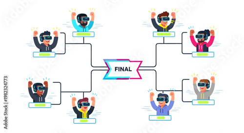 tournament bracket chart with cartoon people and final winner
