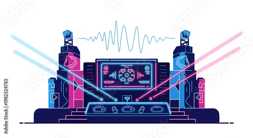 Retro futuristic home cinema system with speakers and screen