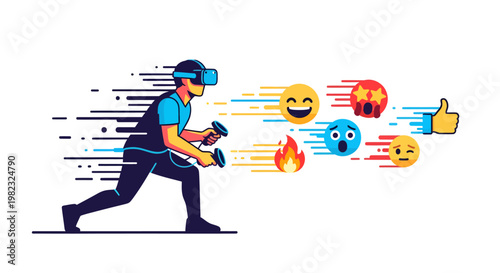 Man wearing VR headset experiencing emotions and reactions