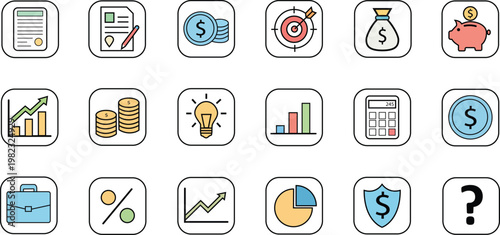 Business and Finance Icon Set for Banking, Statistics, and Investment Vector, Icon Set for Banking and Fintech Apps