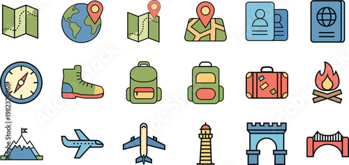 Travel and Adventure Icon Set for Tourism and Outdoor Exploration Vector EPS File