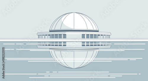 Minimalist geometric illustration of a spherical architectural structure.
