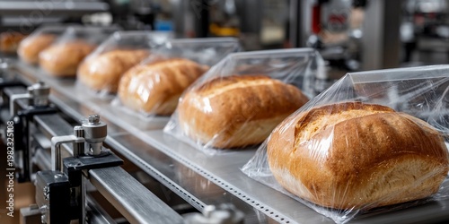 Freshly baked bread loaves in clear packaging on production line at a bakery early in the morning