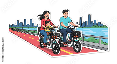 Couple riding e-bikes on city bike path by waterfront