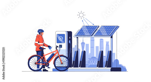 Cyclist charging electric bicycle at solar powered station