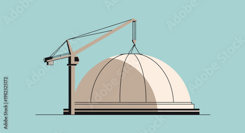 Tower crane lifting a large dome shaped structure during construction.