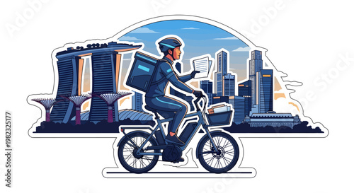 Delivery cyclist riding bicycle with cityscape background