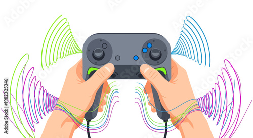 Hands holding a video game controller with colorful sound waves