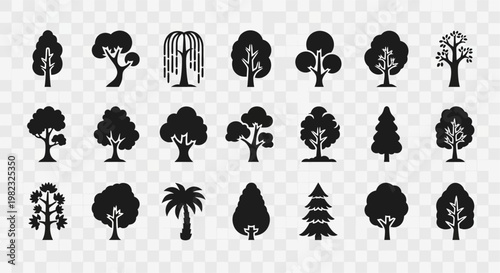 Collection of various tree silhouettes.