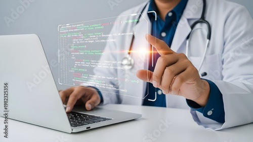 Male doctor in a white lab coat and stethoscope is interacting with a futuristic holographic screen displaying complex medical data and algorithms.