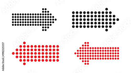 Dotted black and red arrow vector icon set pointing left and right featuring digital halftone circle effect for led display and web interface navigation design