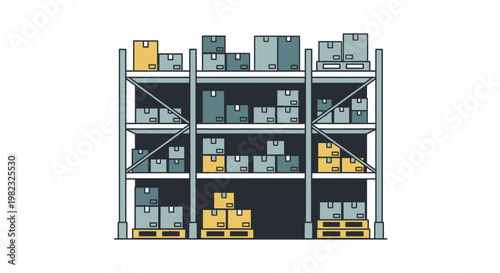 Warehouse scene with forklift loading boxes onto storage shelves illustration
