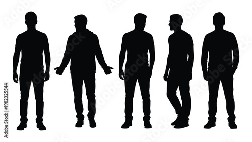 Five men in silhouette standing in various relaxed poses against a white background