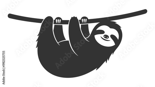 A black silhouette of a sloth hanging upside down from a branch