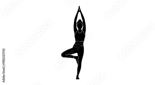 Woman in tree pose silhouette on white background for health and wellness