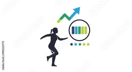 Woman silhouette with progress indicators and rising arrow on white background