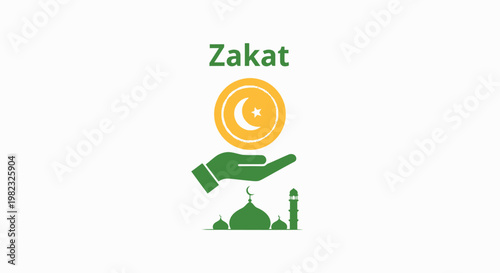 Zakat concept hand holding a coin with religious symbols and mosque silhouette
