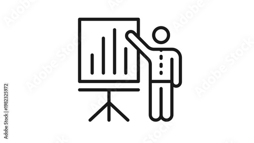 Black line vector icon of a businessman or teacher giving a presentation using a flipchart with a bar graph, representing business growth, education, data analysis, and professional training.