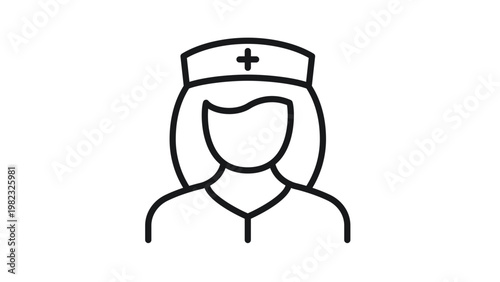 Nurse vector icon, minimalist black line art illustration of a female medical professional wearing a traditional nursing cap with a cross symbol, representing healthcare and medicine.