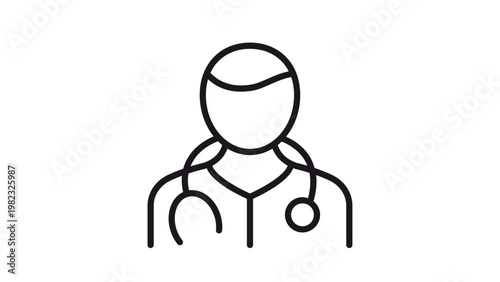 Minimalist black line vector icon illustration of a doctor or medical professional wearing a stethoscope, representing healthcare, medicine, physician services, and clinical hospital care.