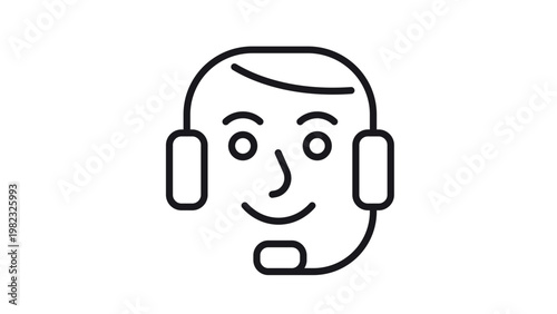 Minimalist black vector icon illustration of a customer service representative wearing a headset with a microphone, symbolizing support, call center agent, and online communication services.