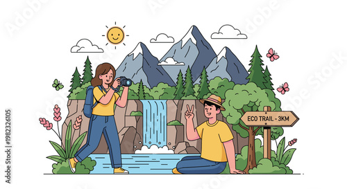 Female photographer takes a picture of a man posing by a scenic waterfall along a lush eco trail in a mountainous forest region.